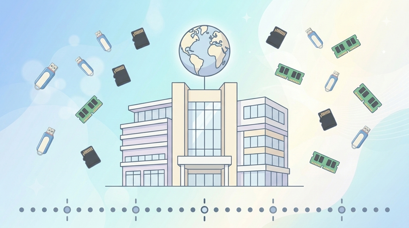 地球儀を掲げたGigastoneのオフィスビルと製品アイコンのイラスト