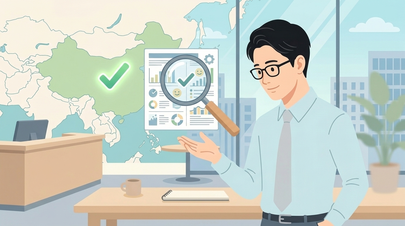 会社情報を虫眼鏡で確認する安心した男性のイラスト