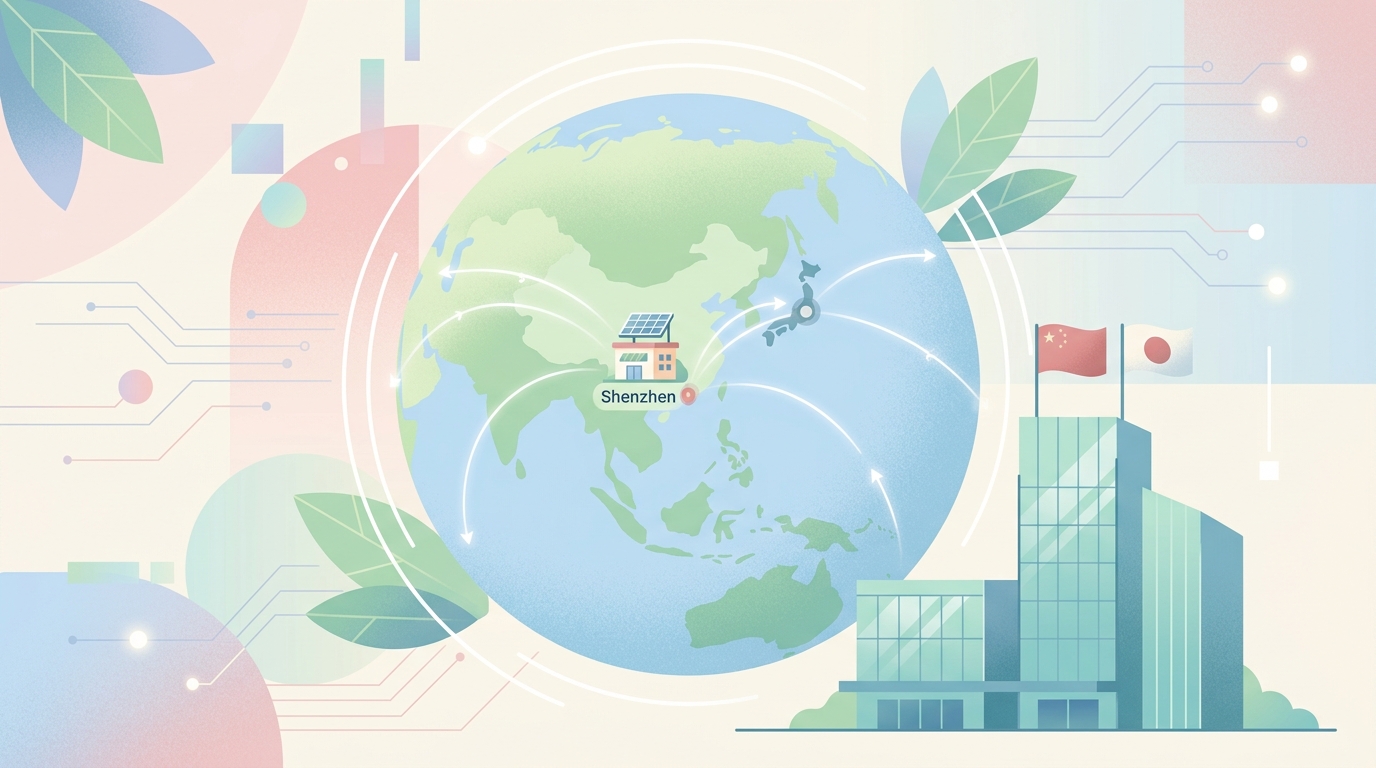 深圳から日本に展開する企業のグローバルイメージのイラスト