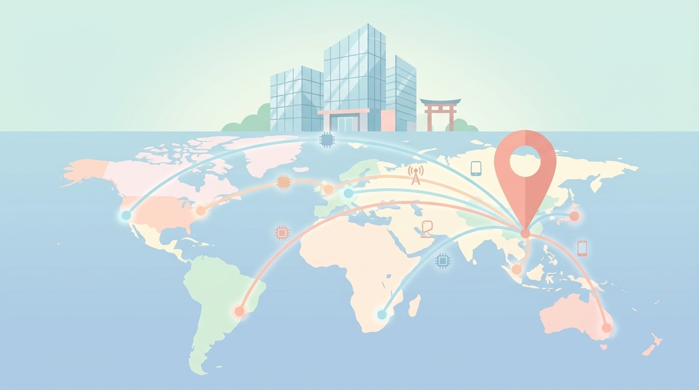 中国を拠点とするグローバルテクノロジー企業の世界展開を示すマップイラスト