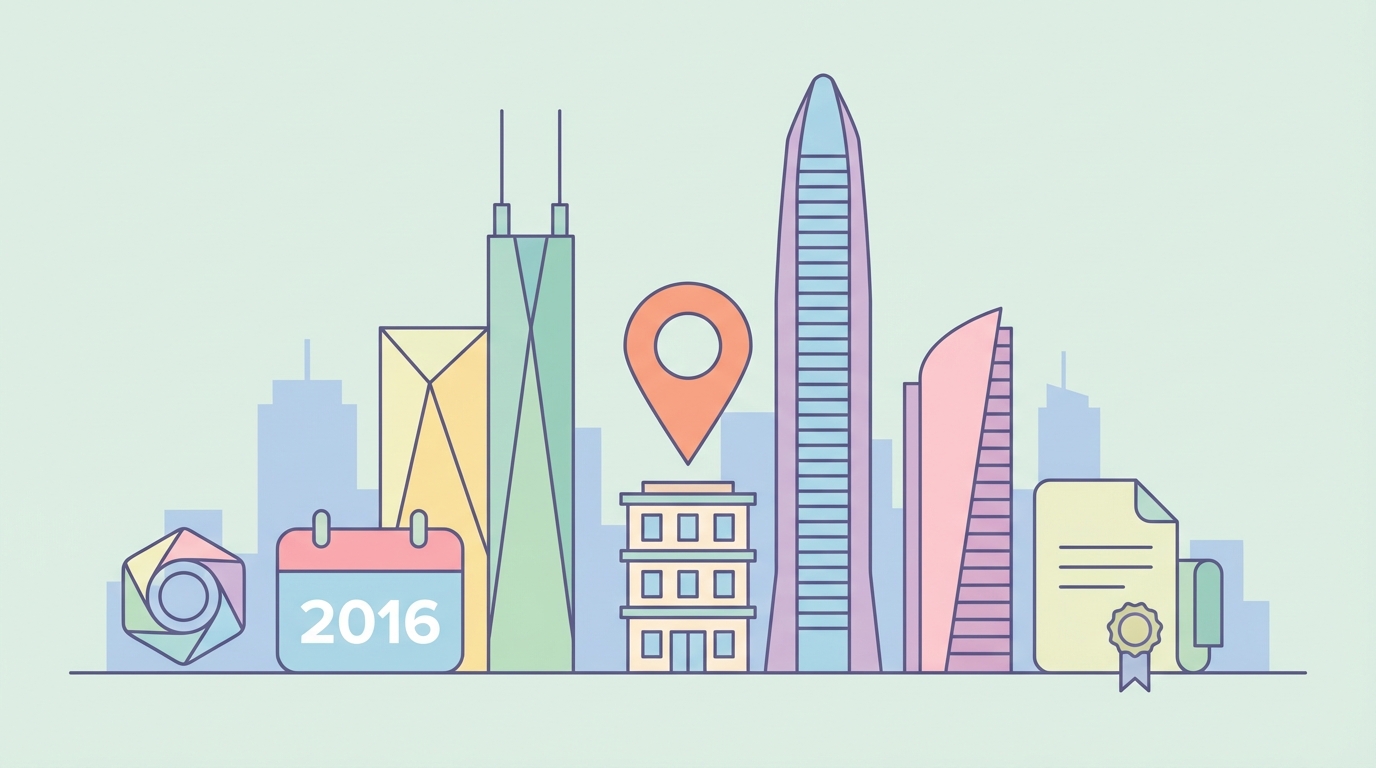 深圳の都市景観と2016年設立の新興企業を示すイラスト