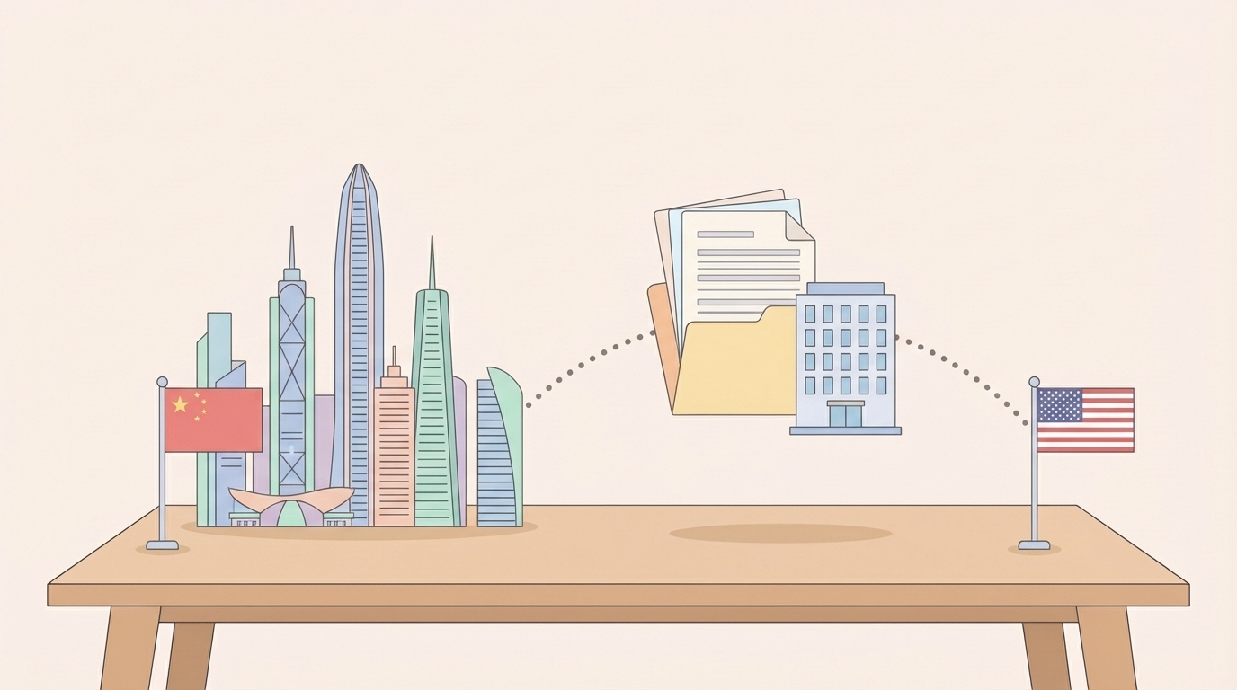 深圳と米国を結ぶグローバル企業のイラスト