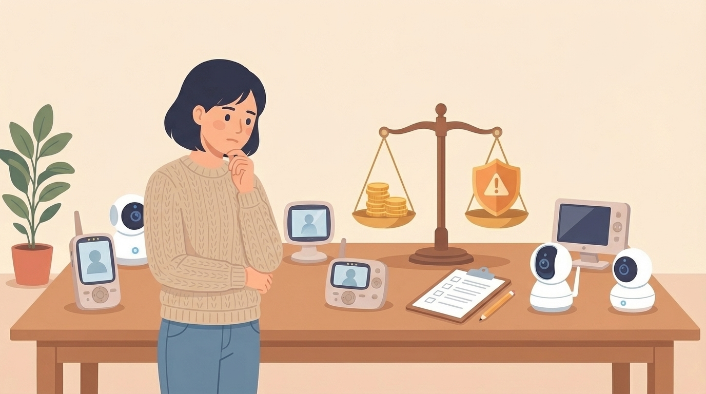 複数のベビーモニターを比較する女性のイラスト