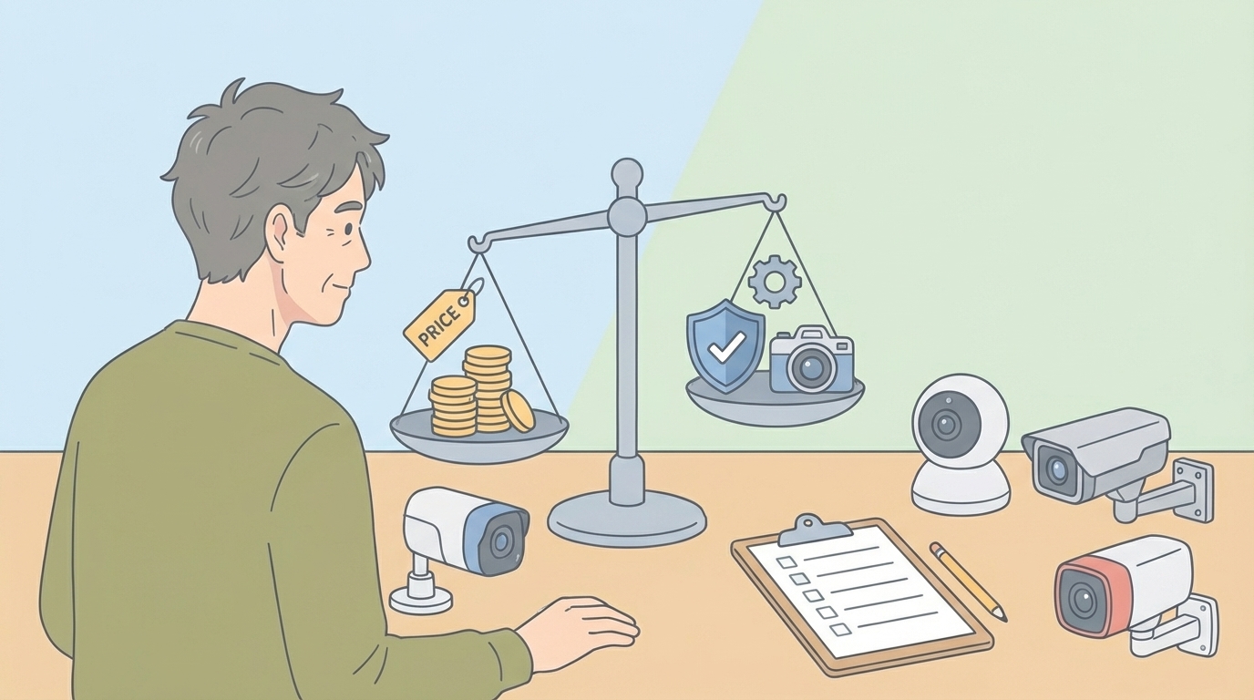 複数の防犯カメラを天秤で比較する男性のイラスト
