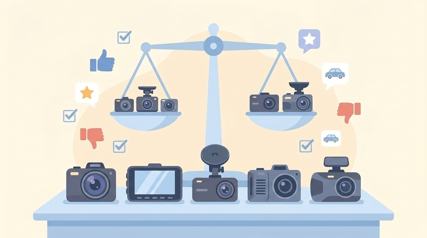 5台のドラレコを天秤で比較検討するイラスト