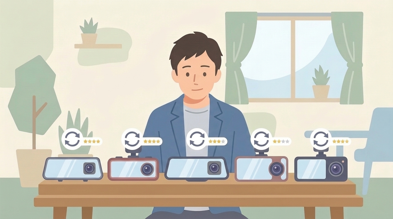 複数のミラー型ドラレコを比較検討するイラスト