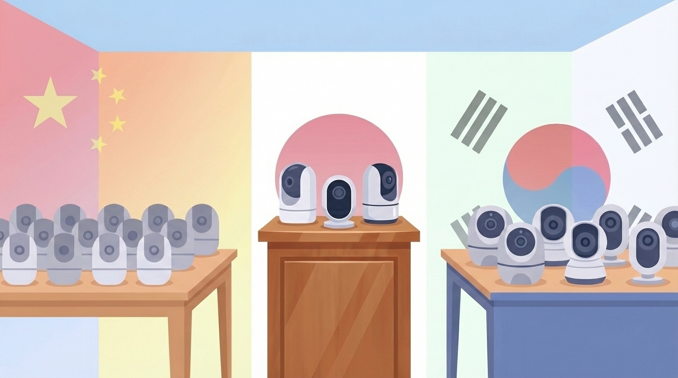 中国・日本・韓国の防犯カメラを比較するイラスト