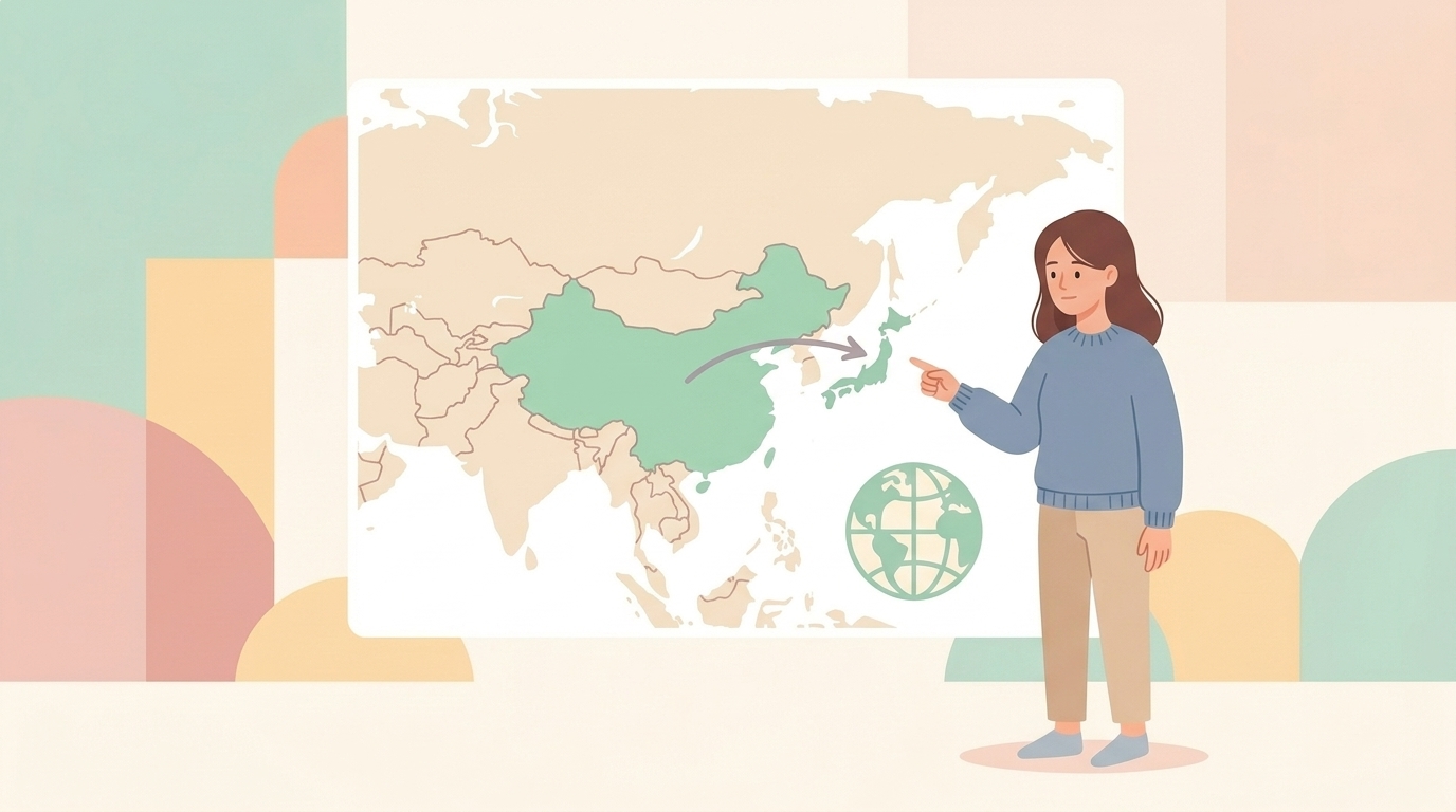 中国から日本への矢印が描かれた地図のイラスト