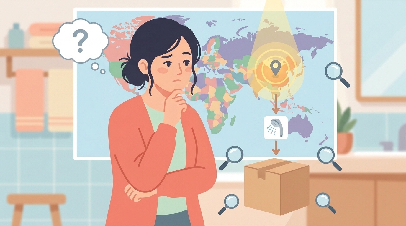 世界地図と製造国を示す矢印・シャワーヘッドアイコンのイラスト