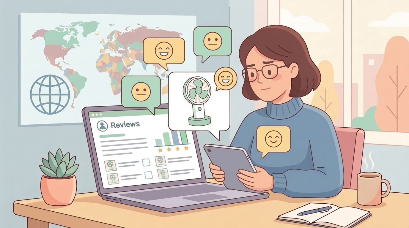 扇風機の口コミを表す吹き出しとレビューを読む人のイラスト