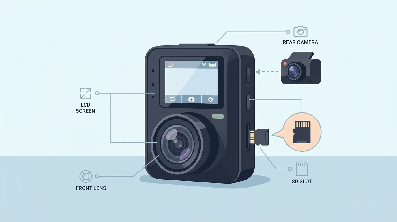 ドライブレコーダーの主要スペックを示す図解イラスト