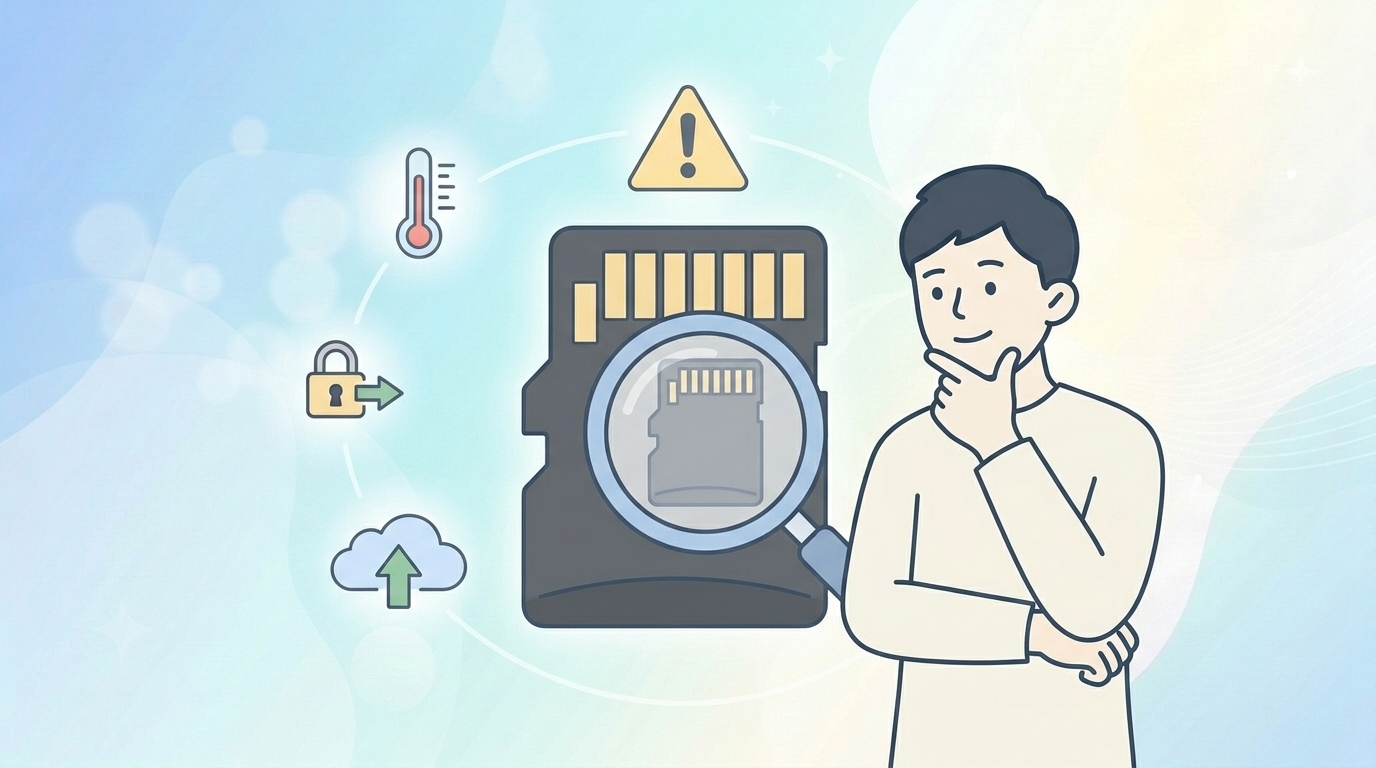 SDカードを虫眼鏡で調べる人物と安全使用アイコンのイラスト