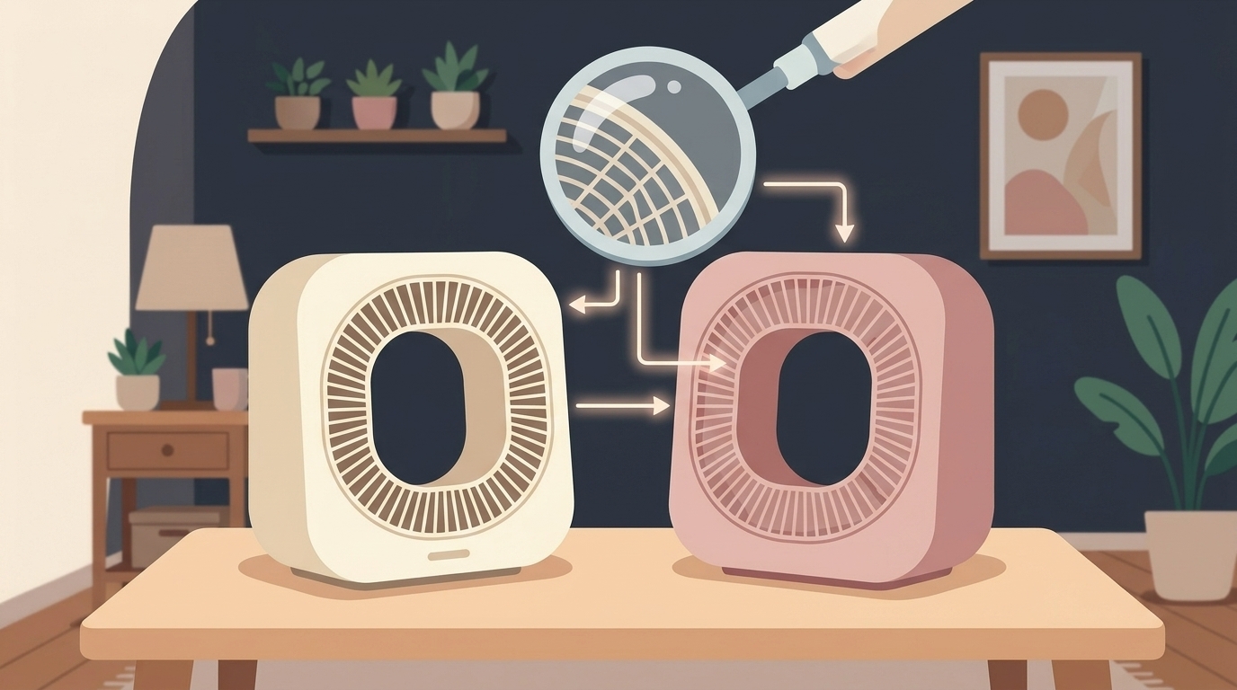 二つの家電を虫眼鏡で見比べるイラスト