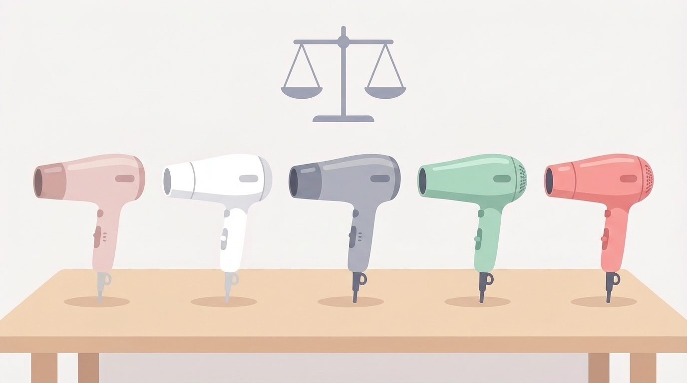 5色のドライヤーを並べて比較するイラスト