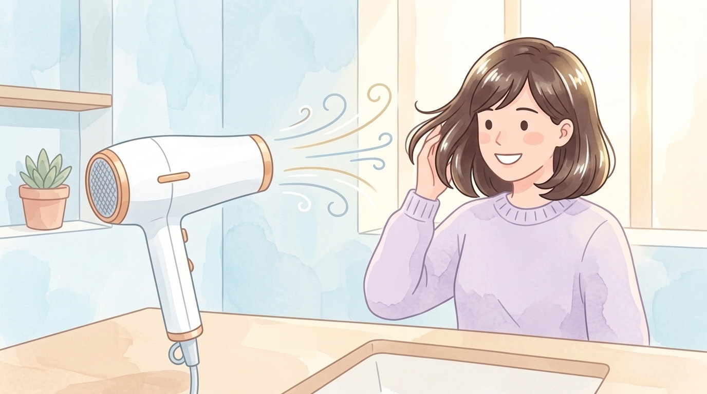 白いドライヤーで髪を乾かす笑顔の女性のイラスト