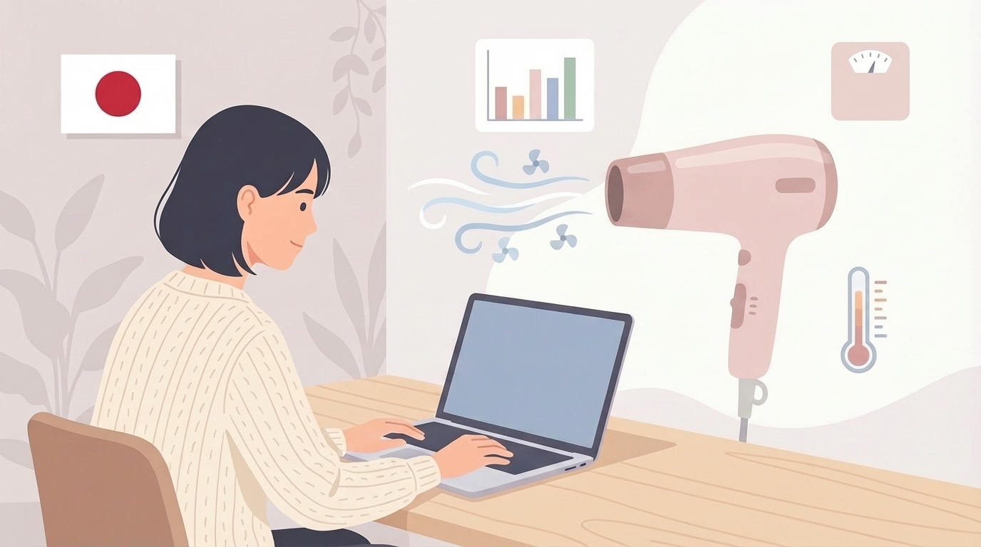 ドライヤーのスペックと電気代データを確認するイラスト