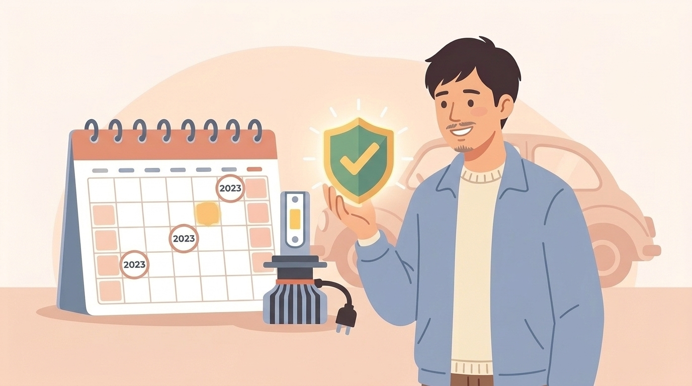 カレンダーと保証シールドを持つ男性のイラスト