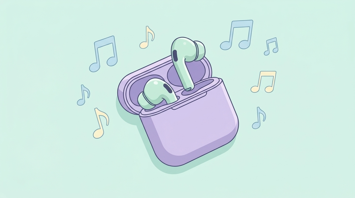 ワイヤレスイヤホンと音符が浮かぶパステルカラーのイラスト