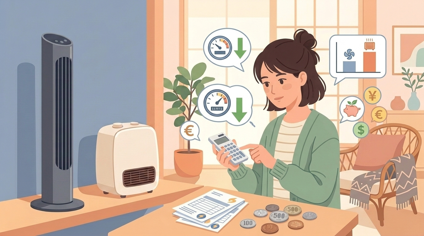 電気代を計算する女性とタワーファン・ヒーターのイラスト