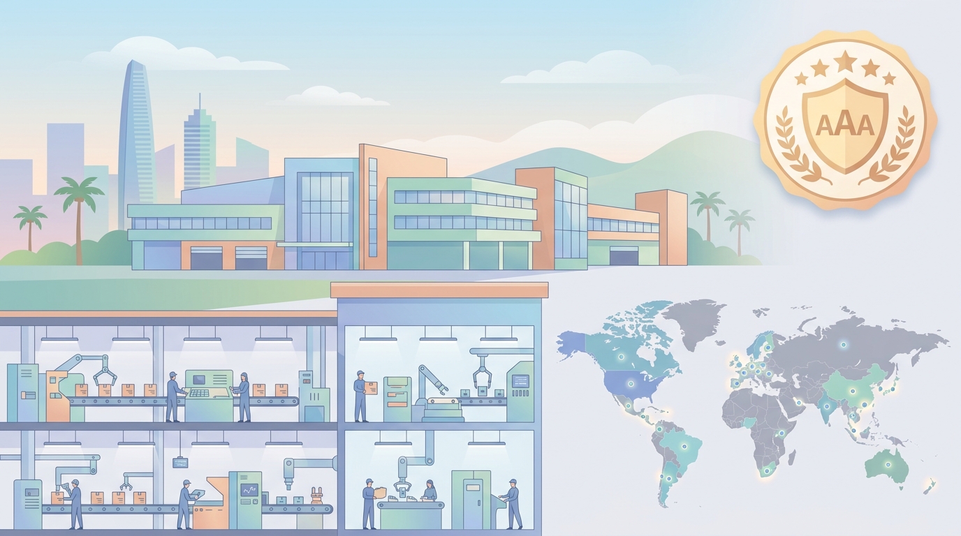 深圳の自社工場とAAA信用スコアを示すイラスト