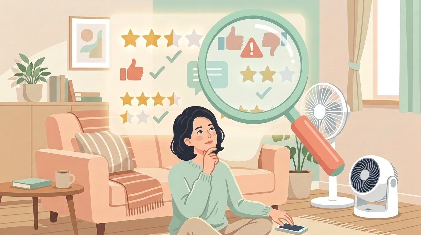 虫眼鏡で星評価を慎重に見極めるフラットイラスト