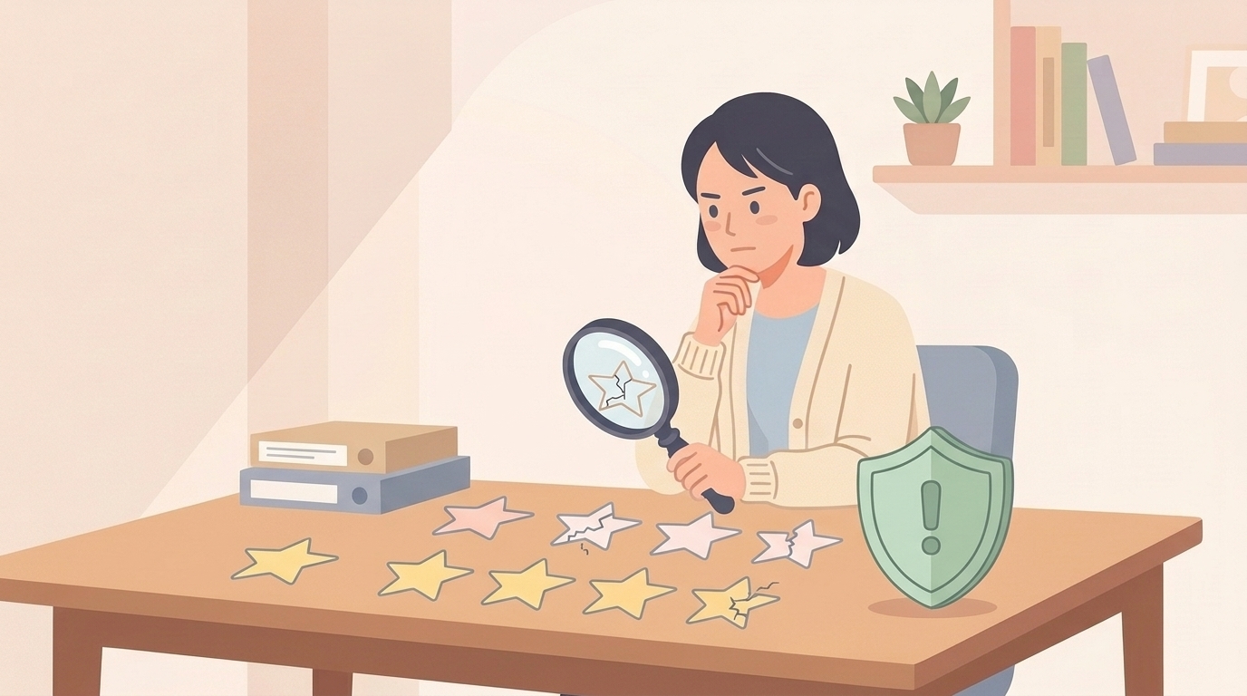 星レビューを虫眼鏡で調べるサクラチェックのイラスト