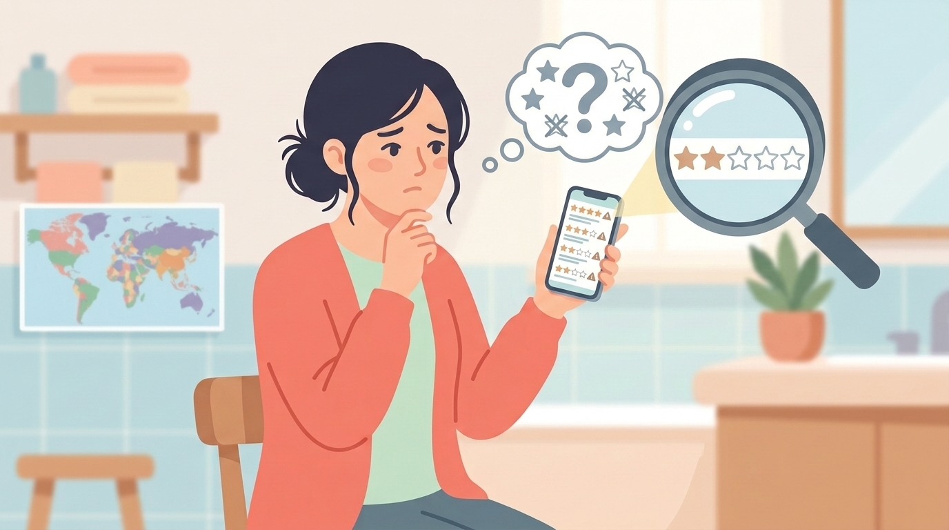 スマートフォンの星評価レビューを虫眼鏡で確認する女性のイラスト