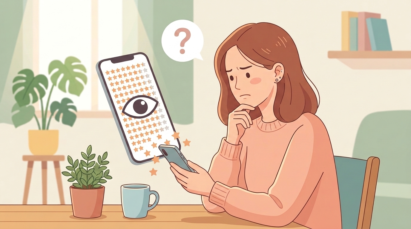 スマホの星評価に疑惑の目が重なるサクラレビューイメージイラスト