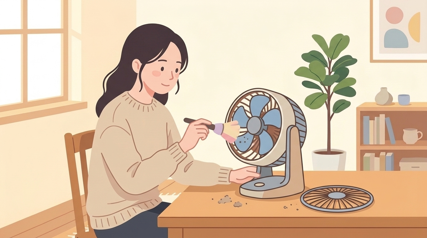 サーキュレーターのカバーを外して掃除する女性のイラスト