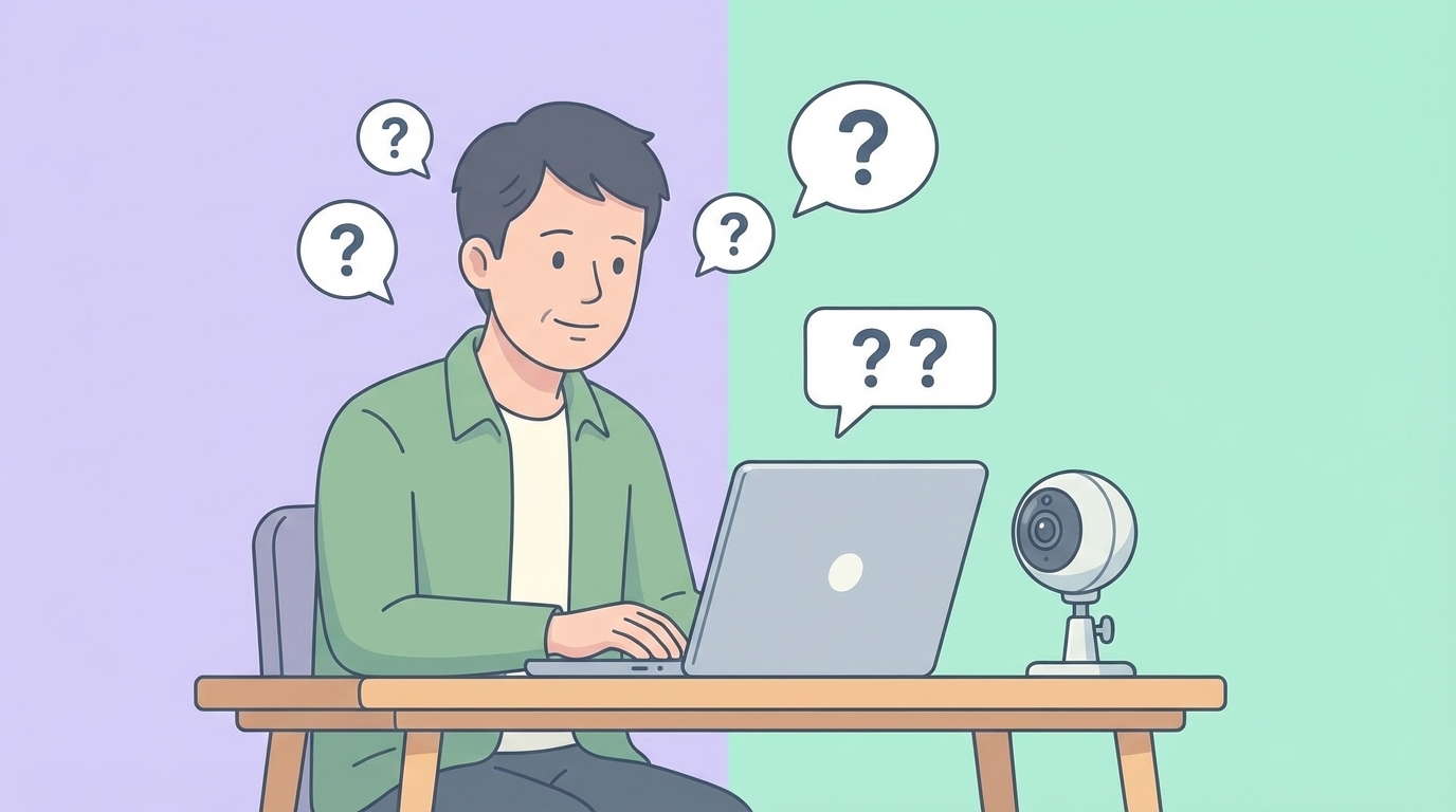 ノートPCと防犯カメラの前で質問について考える男性のイラスト