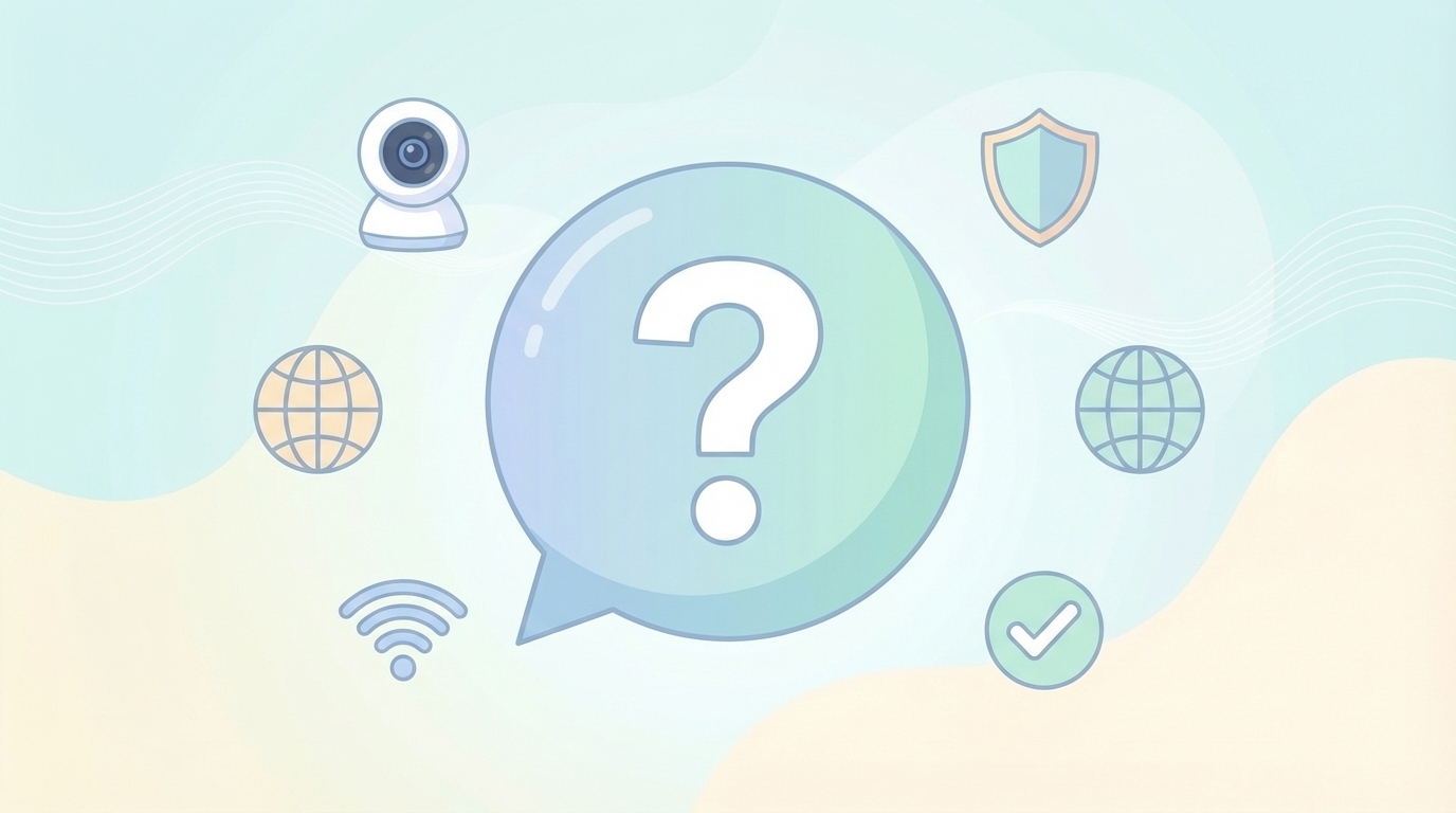 疑問符とカメラ・セキュリティ関連アイコンのFAQイラスト