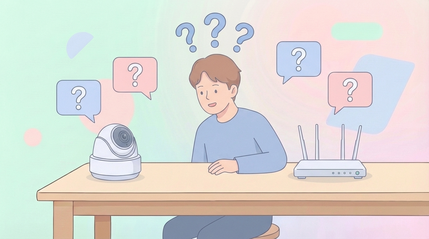 防犯カメラについて疑問を持つ男性のイラスト