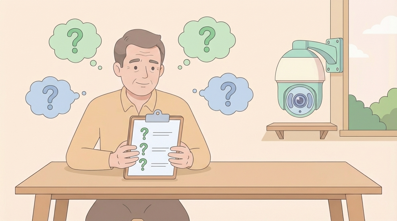 防犯カメラについて疑問を持つ中年男性のイラスト