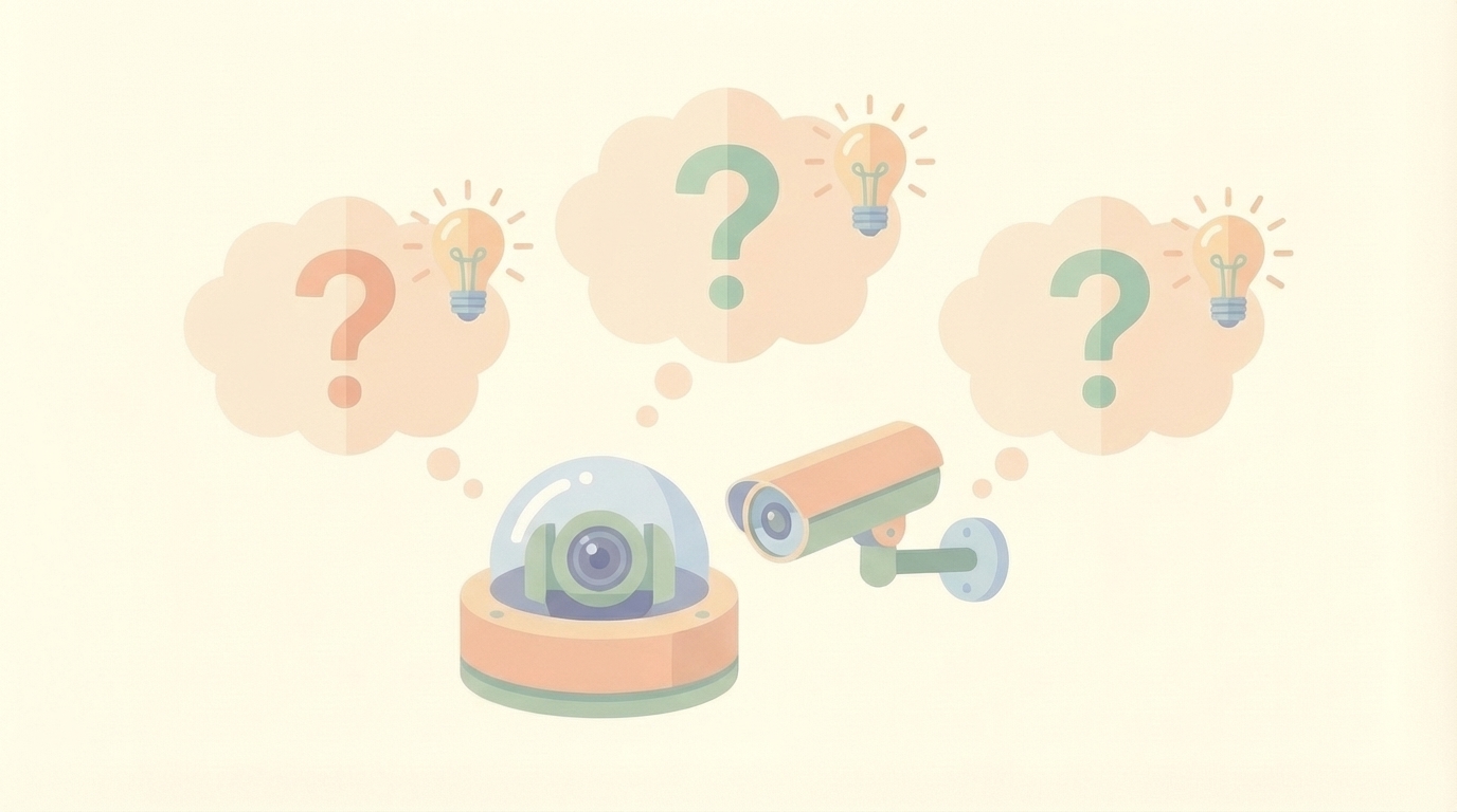 防犯カメラの上に浮かぶ疑問と回答を表すイラスト