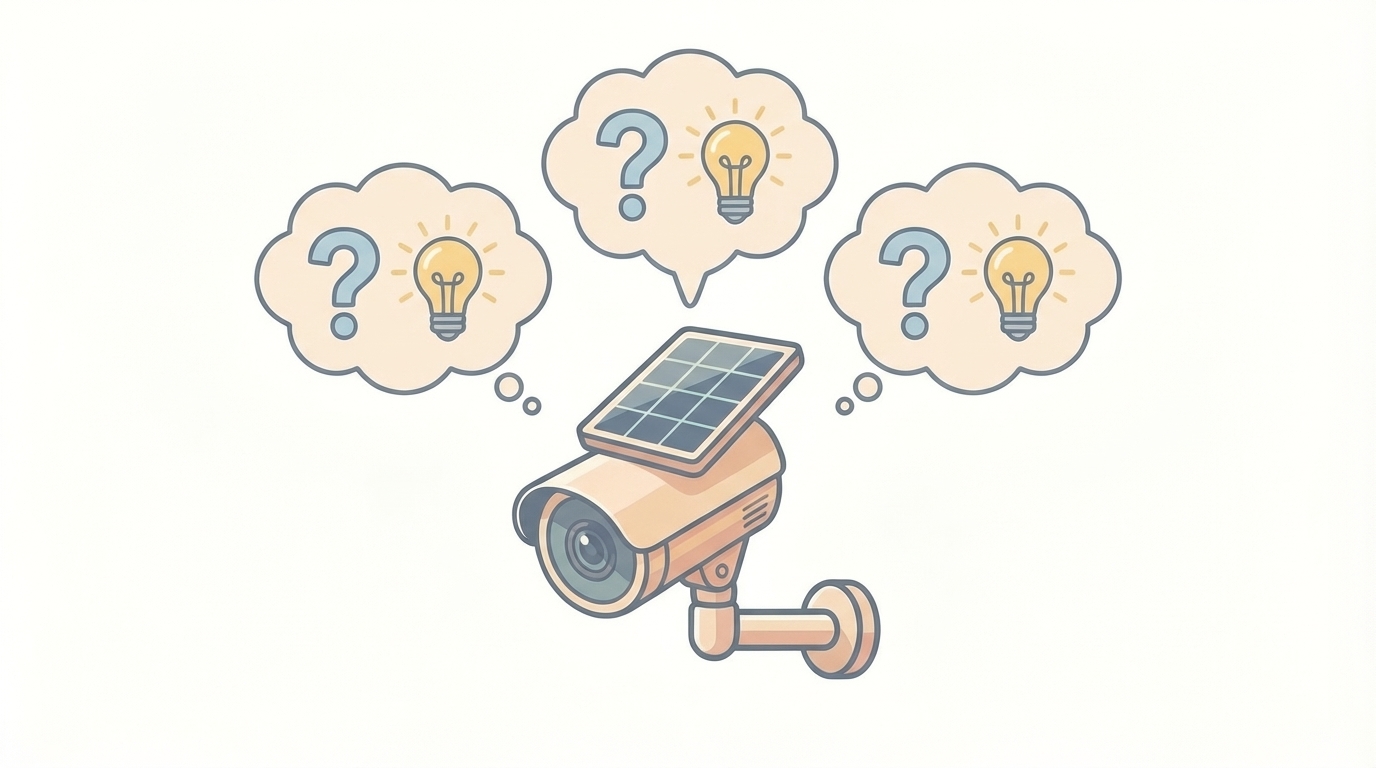 ソーラー防犯カメラの上に浮かぶ疑問と回答のイラスト