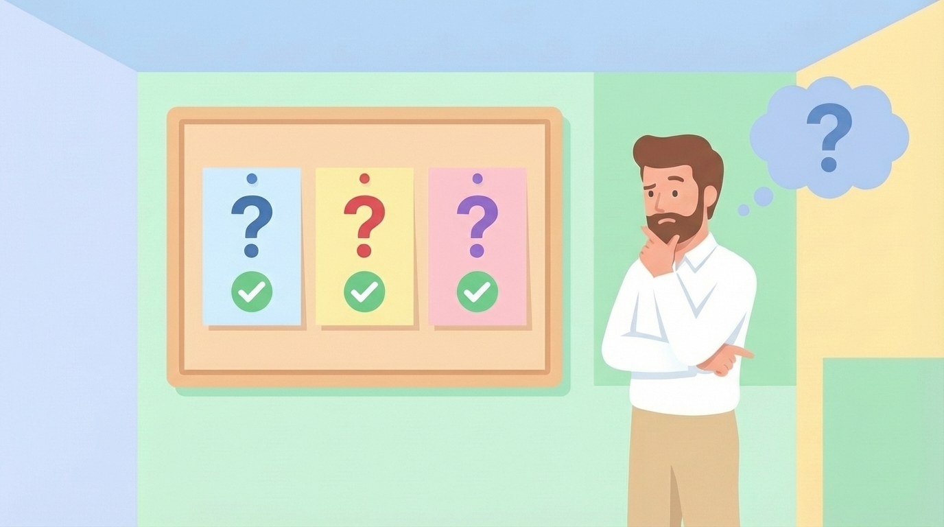 FAQボードを確認する男性のイラスト