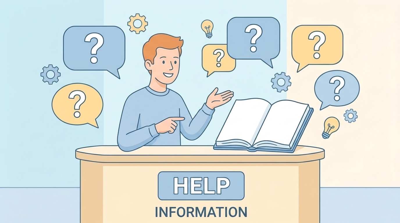 疑問バブルが浮かぶ情報デスクでQ&Aに答えるフラットイラスト