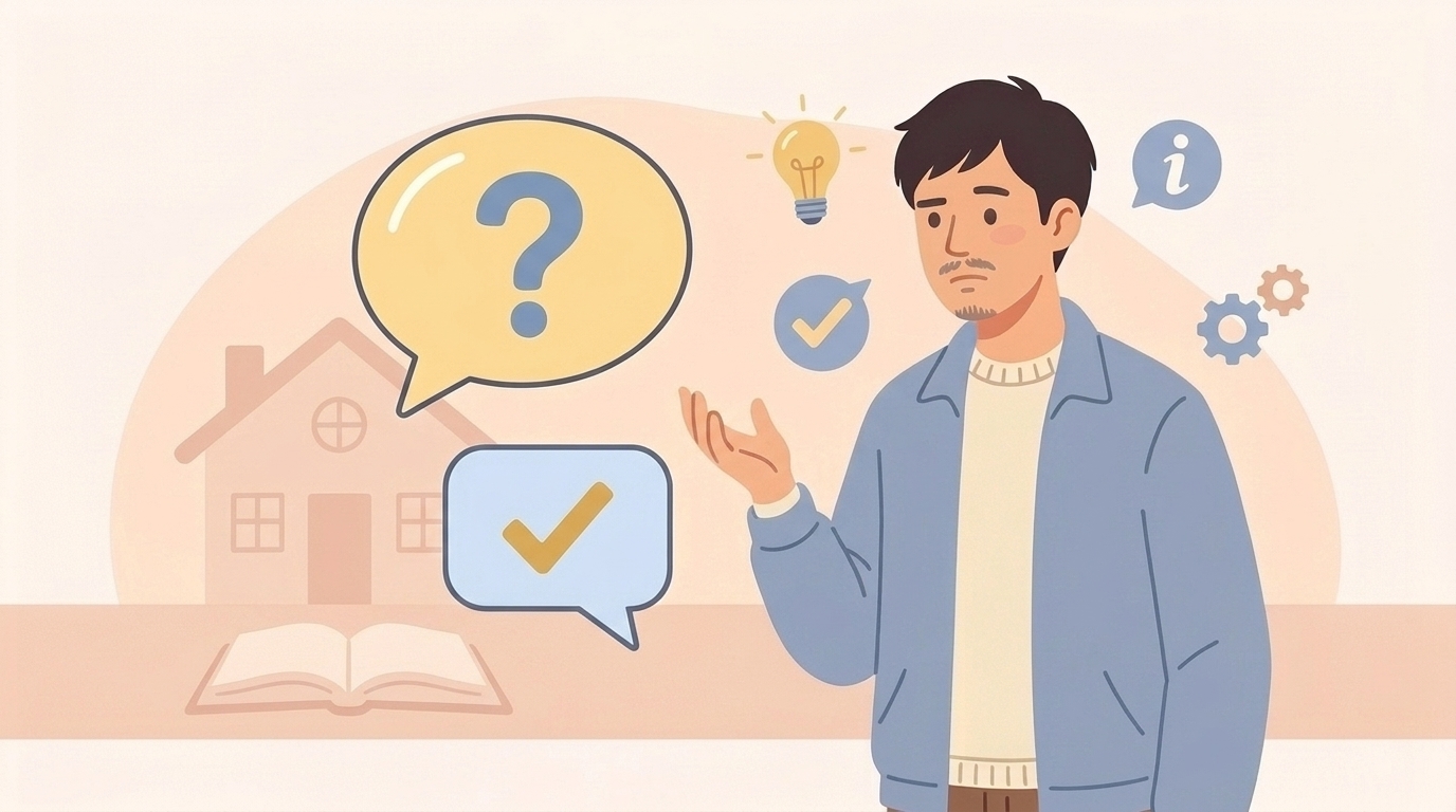 Q&A吹き出しアイコンと男性のフラットイラスト