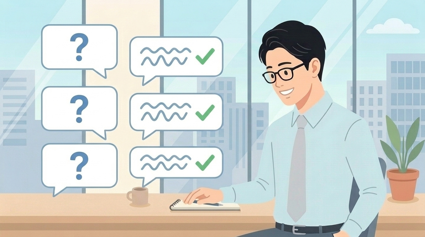 Q&Aのふきだしが並ぶよくある質問に答える男性のイラスト