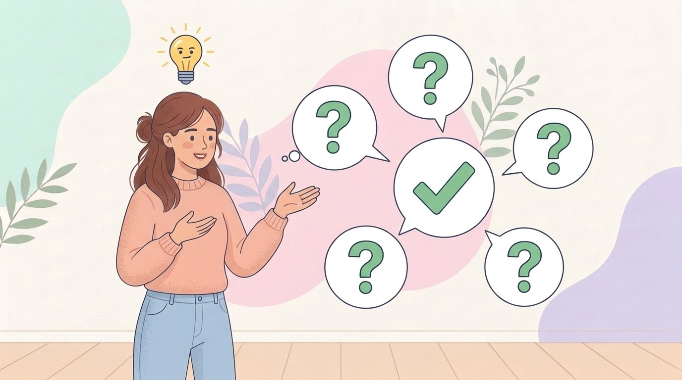 複数の疑問バブルと答えを持つ笑顔の女性のイラスト