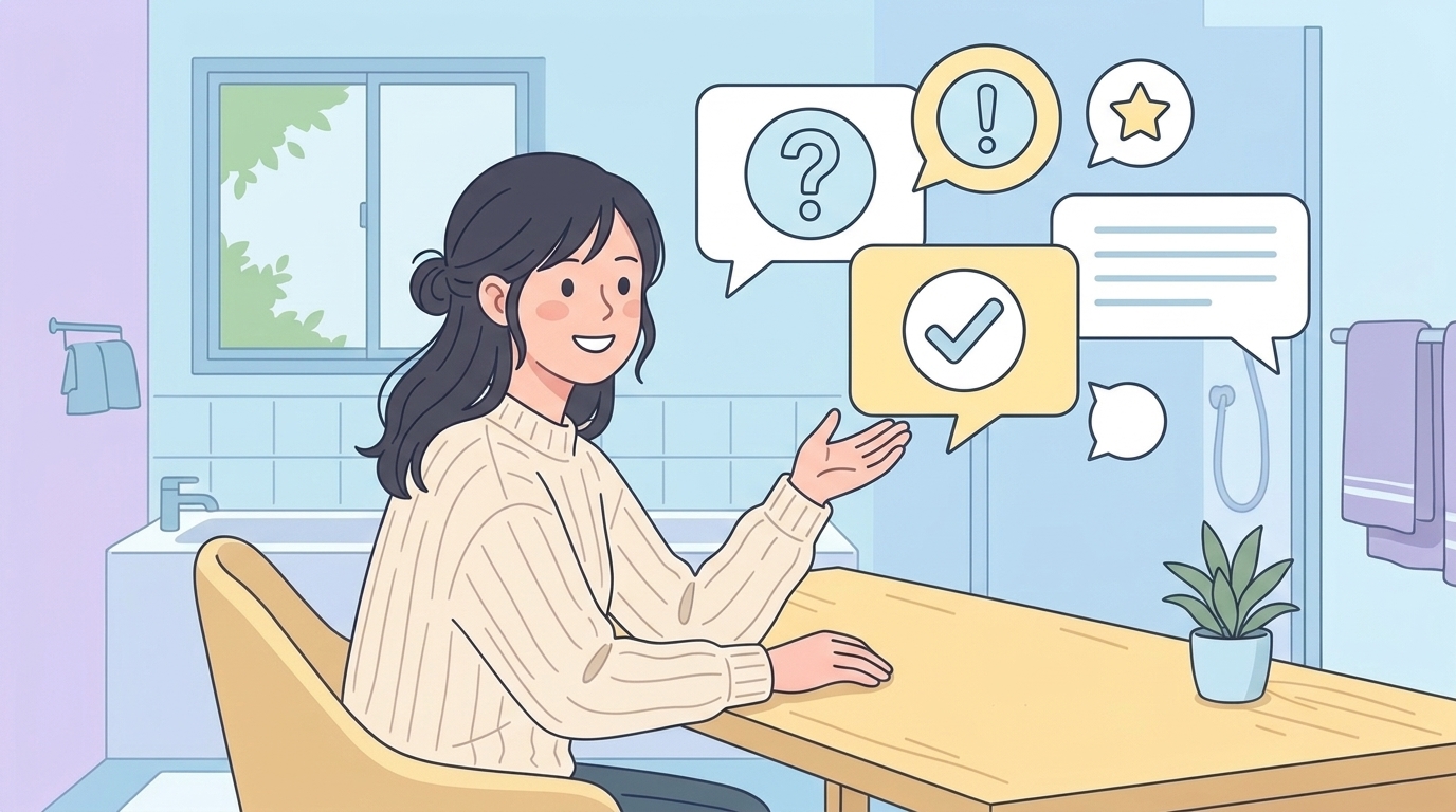 質問と回答の吹き出しアイコンを説明する女性のイラスト