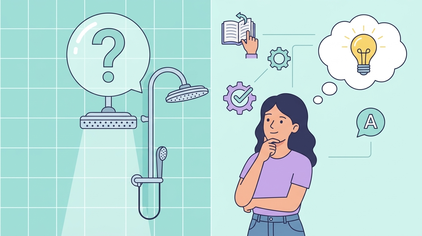 シャワーヘッドへの疑問符と考える女性と電球アイコンのイラスト