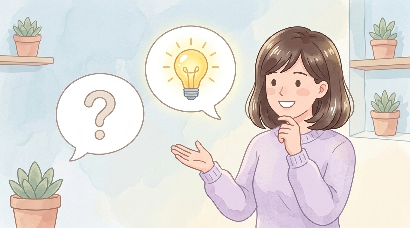 疑問と答えのふきだしを持つ笑顔の女性のイラスト