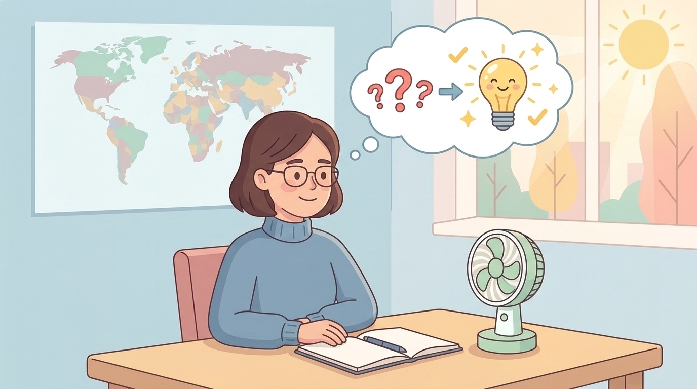 疑問が解決されて笑顔になる人と扇風機のイラスト