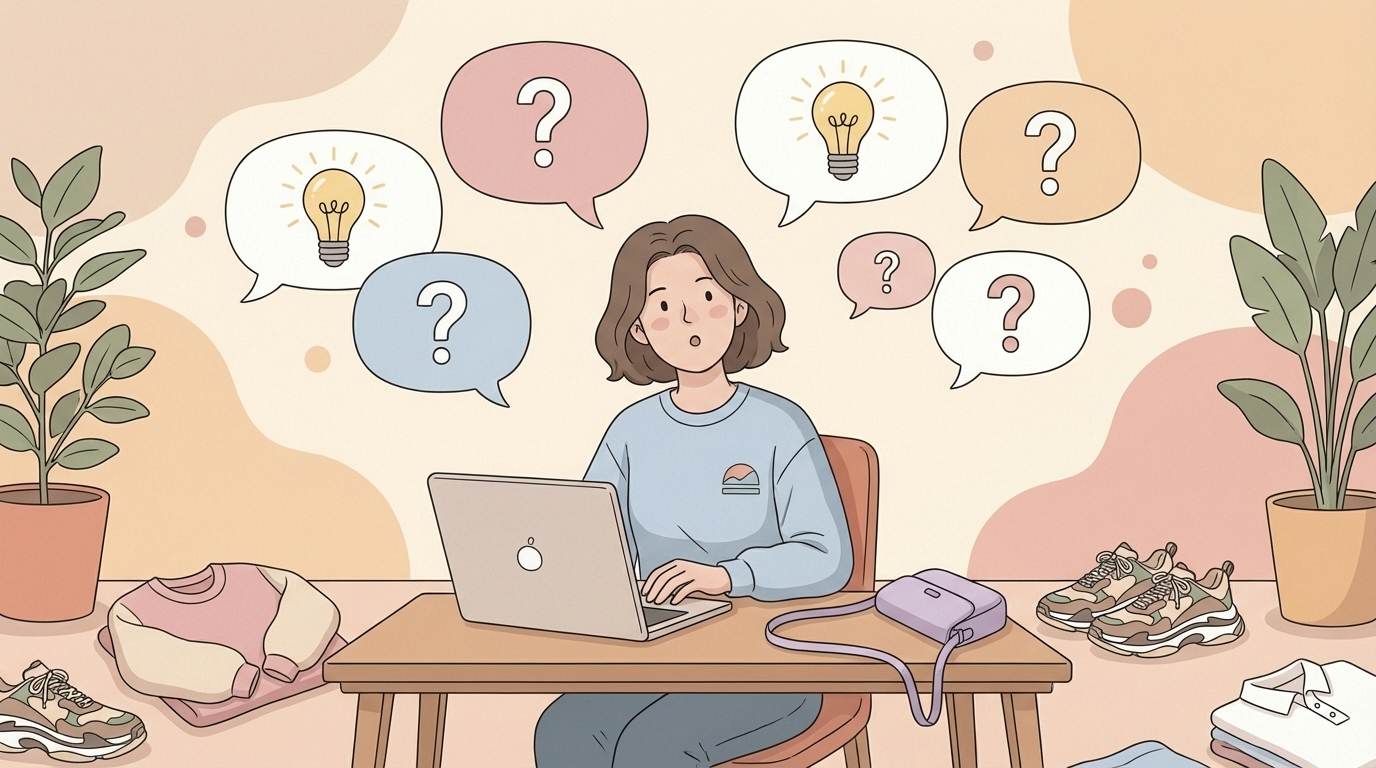 パソコンで調べものをする女性と吹き出しのイラスト