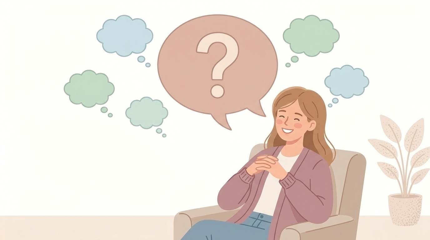 疑問が解決して満足そうな女性と吹き出しのイラスト