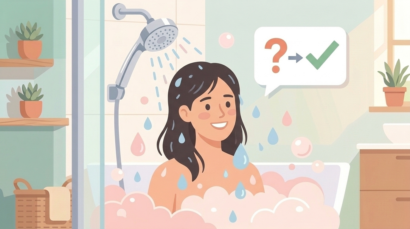 疑問が解決してシャワーを楽しむ女性のイラスト