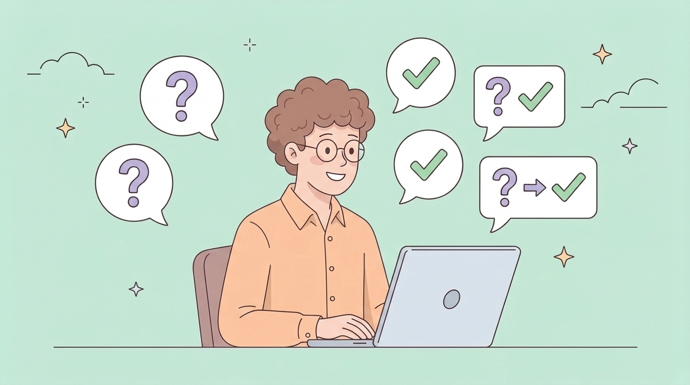 疑問符と解決チェックマークが飛び交うFAQ対話のイラスト