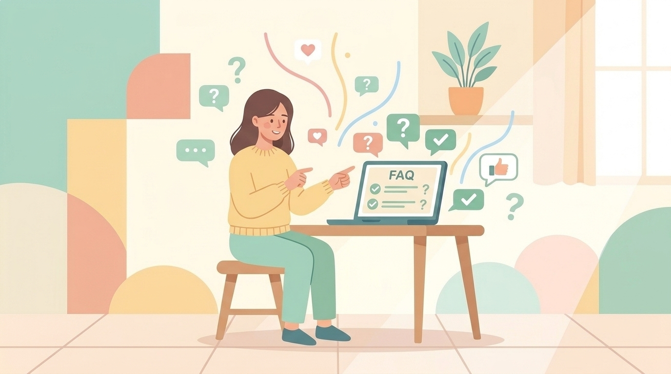FAQリストと質問・回答の吹き出しが飛び交うイラスト
