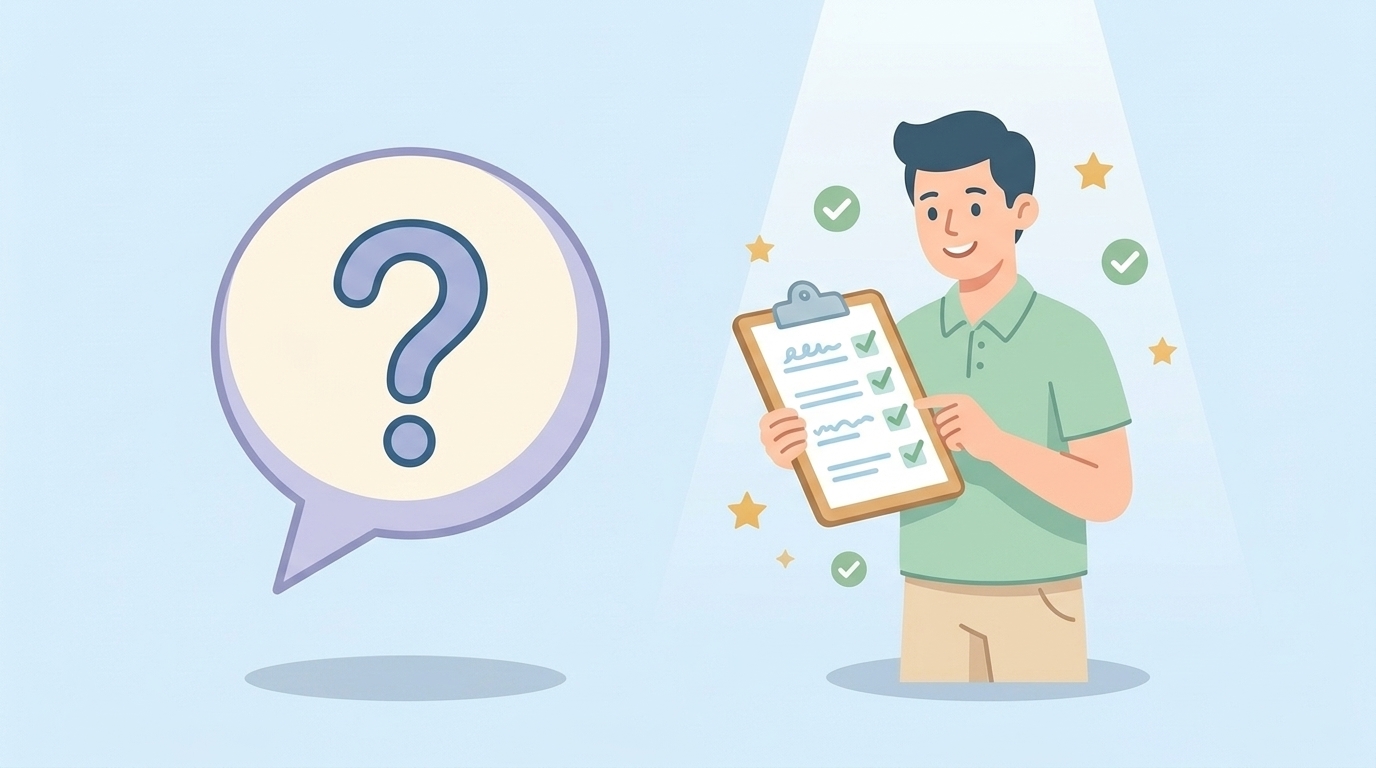 疑問符のふきだしとクリップボードを持つ人物によるFAQのイラスト